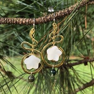 Golden Tendrils: brass, opalite glass, moss agate